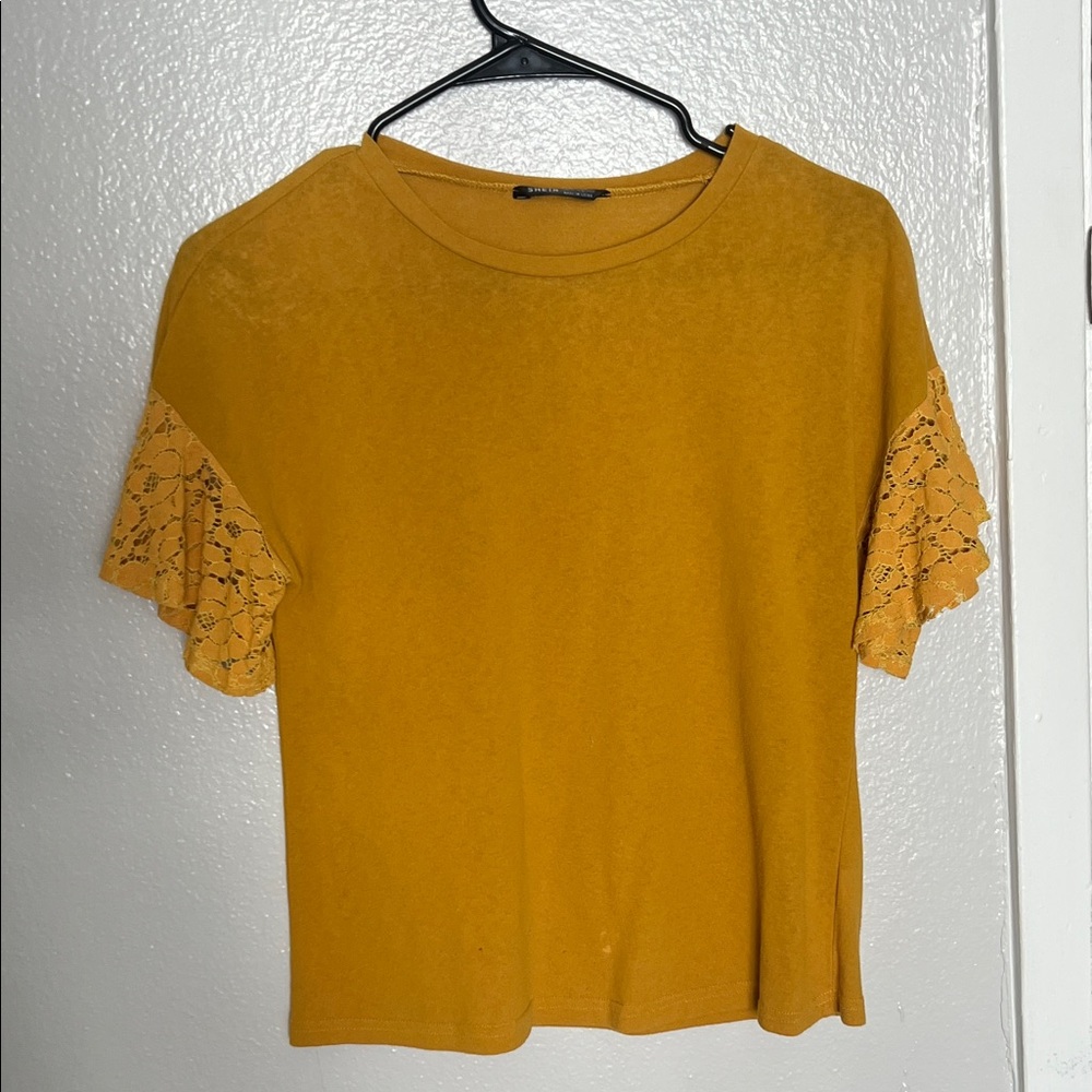 SHEIN Mustard Lace Sleeve Short Sleeve Top